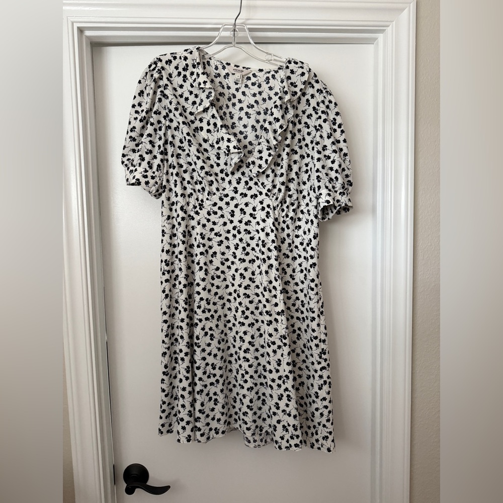 River Island Black and White Cowl Neck Puff Sleeve Midi Dress